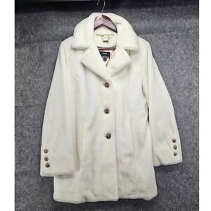 Dennis Basso Faux Fur Coat Cream White Gold Button Winter Warm Size M